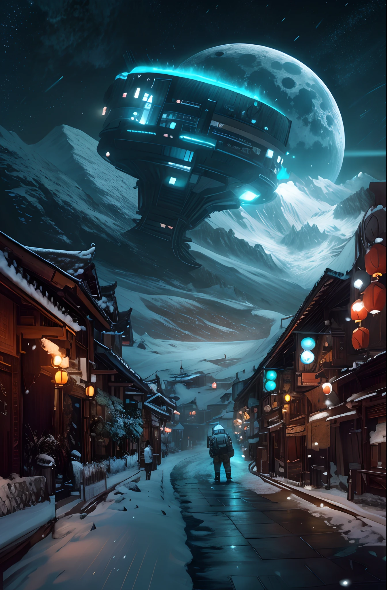 sci-fy,Moon,starrysky,snow mountains,sense of science and technology,makina,conceptual drawing, cyber punk style,Concept art for the game, Lanterns,The sky is snowing,stray,The astronaut,pandas,Original Drawing,lamplight,Back shadow,snow mountains,Chinese architecture,High-precision illustration,SENSE OF CINEMA,the detail,A window to the city in the distance