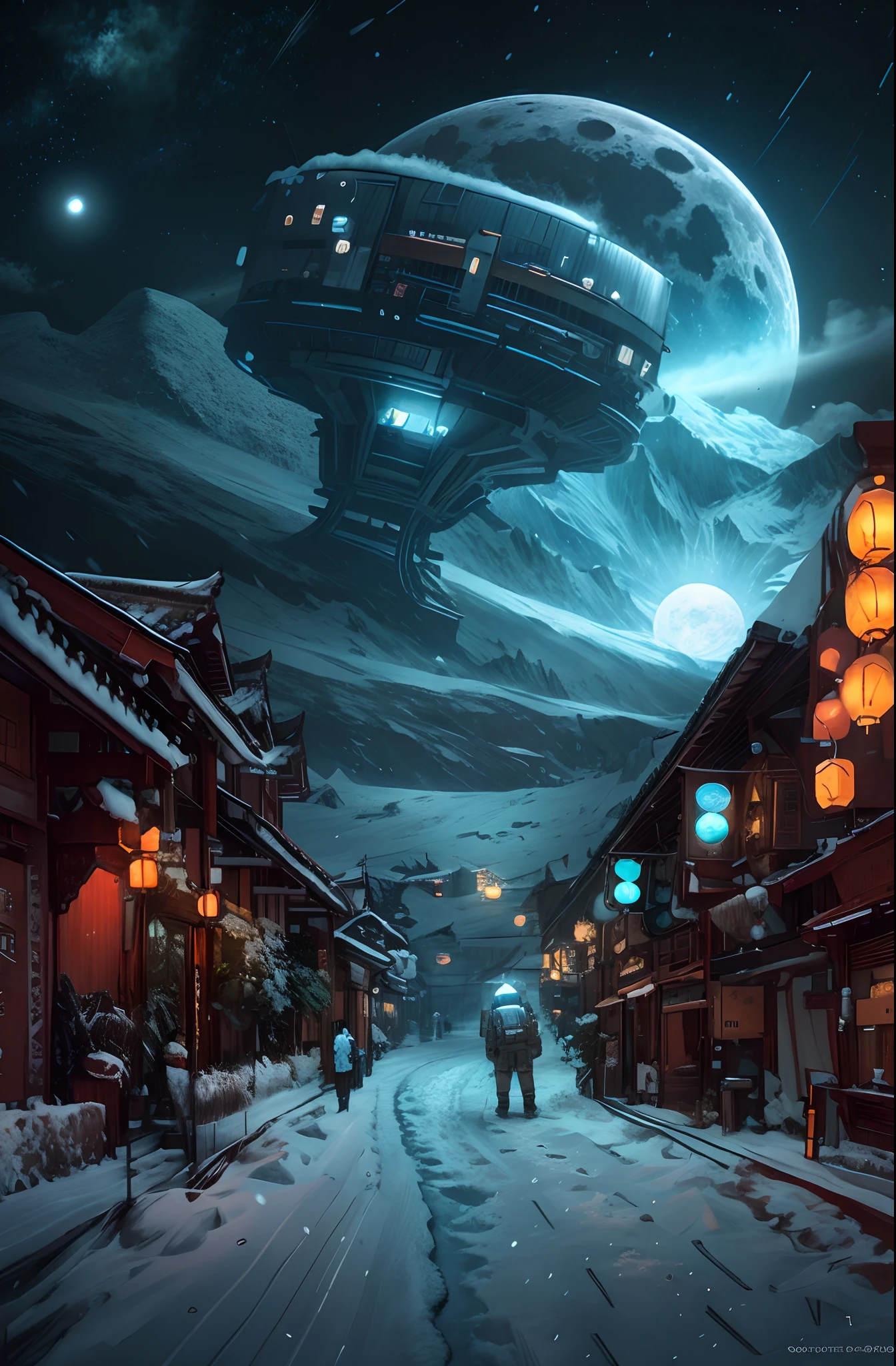 sci-fy,Moon,starrysky,snow mountains,sense of science and technology,makina,conceptual drawing, cyber punk style,Concept art for the game, Lanterns,The sky is snowing,stray,The astronaut,pandas,Original Drawing,lamplight,Back shadow,snow mountains,Chinese architecture,High-precision illustration,SENSE OF CINEMA,the detail,A window to the city in the distance
