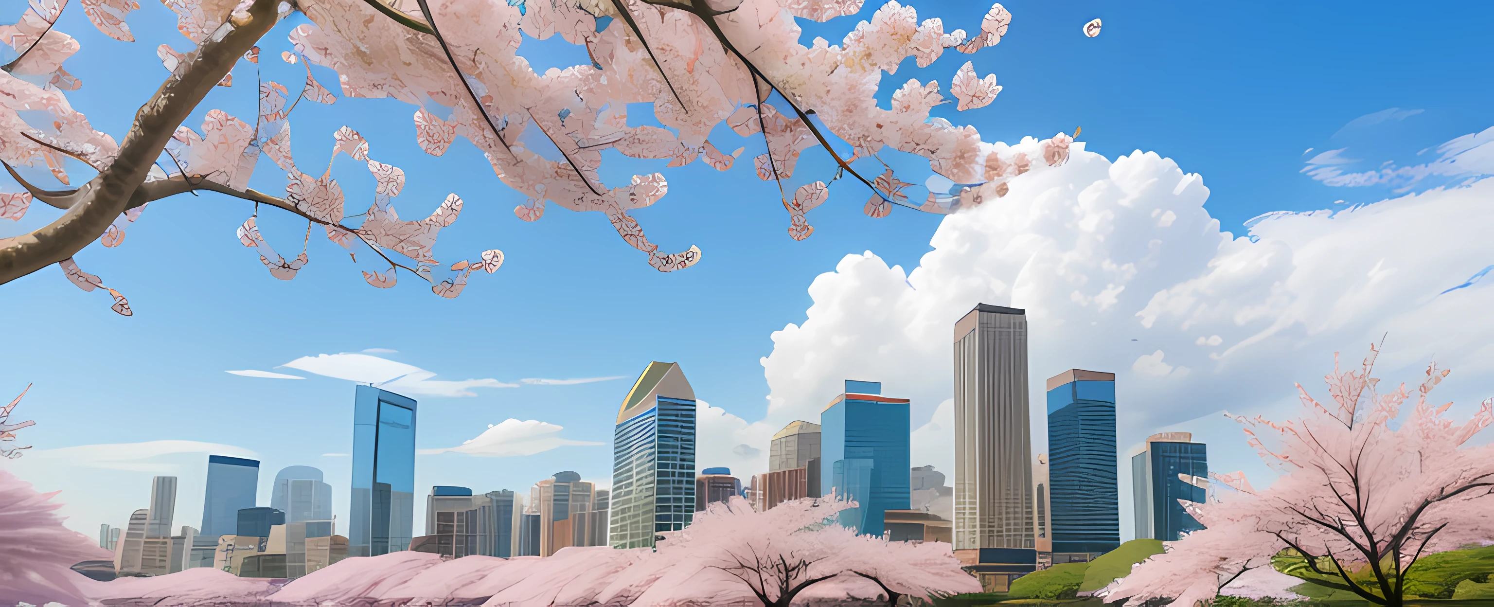 Scenery , Sakura Tree , Skyscrapers , Sakura Leaves Floating , Spring , Wind , Cloud , Blue sky , Evening, shooting stars in the sky