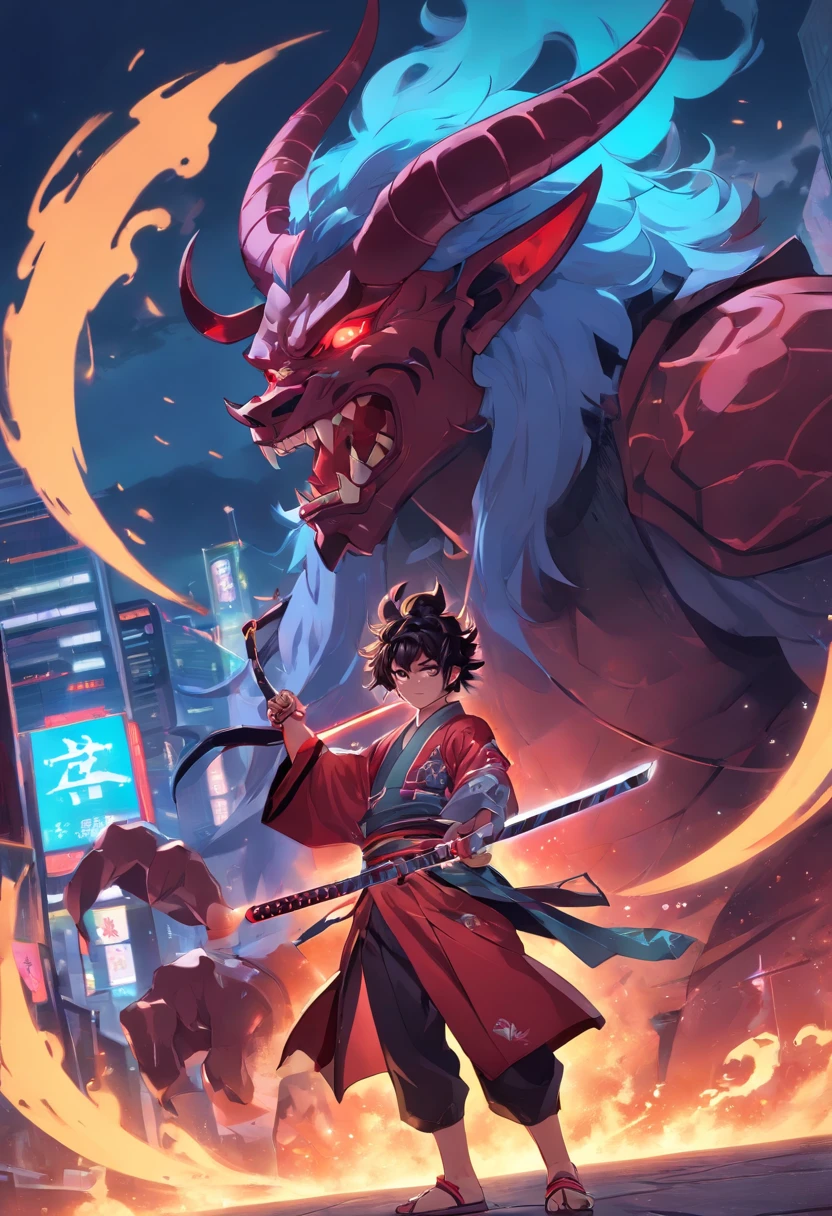 sky, cloud, holding_weapon, no_humans, glowing, , robot, building, glowing_eyes, mecha, science_fiction, city, realistic,mecha, a close up of a cartoon character with a demon face, demon samurai, villain wearing a red oni mask, demon samurai warrior, samurai with demon mask, oni horns, handsome guy in demon slayer art, neon samurai, handsome japanese demon boy, demon samurai mask, demon slayer artstyle, oni mask, onmyoji portrait, onmyoji detailed art, oni