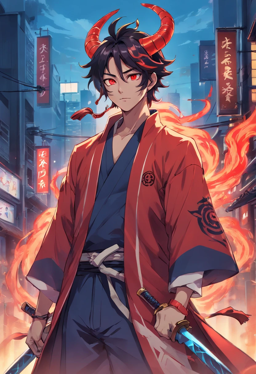 sky, cloud, holding_weapon, no_humans, glowing, , robot, building, glowing_eyes, mecha, science_fiction, city, realistic,mecha, a close up of a cartoon character with a demon face, demon samurai, villain wearing a red oni mask, demon samurai warrior, samurai with demon mask, oni horns, handsome guy in demon slayer art, neon samurai, handsome japanese demon boy, demon samurai mask, demon slayer artstyle, oni mask, onmyoji portrait, onmyoji detailed art, oni