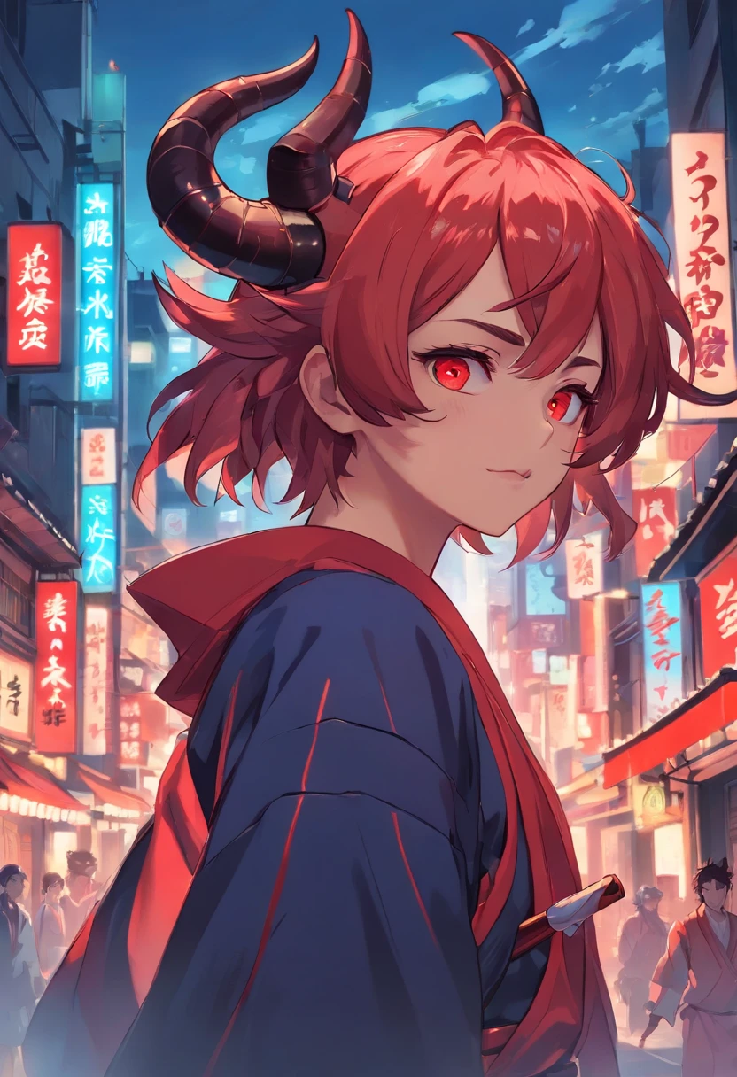 sky, cloud, holding_weapon, no_humans, glowing, , robot, building, glowing_eyes, mecha, science_fiction, city, realistic,mecha, a close up of a cartoon character with a demon face, demon samurai, villain wearing a red oni mask, demon samurai warrior, samurai with demon mask, oni horns, handsome guy in demon slayer art, neon samurai, handsome japanese demon boy, demon samurai mask, demon slayer artstyle, oni mask, onmyoji portrait, onmyoji detailed art, oni