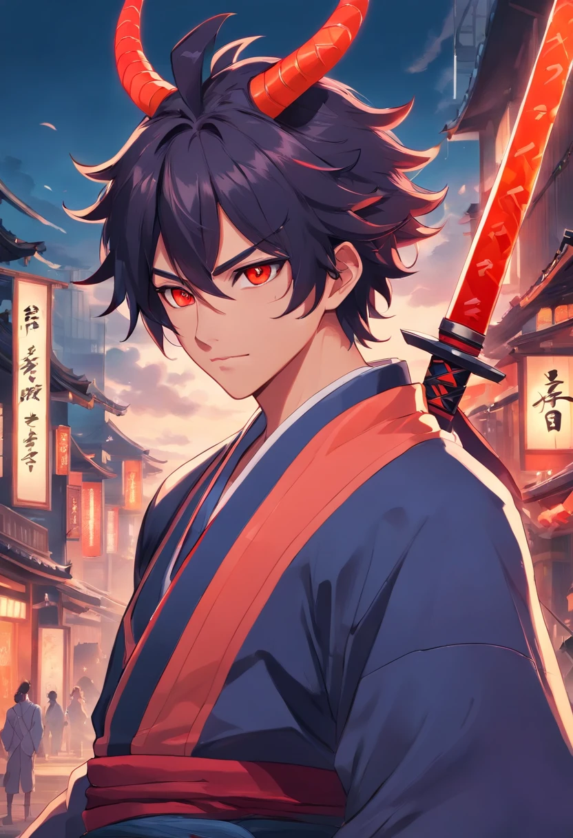 sky, cloud, holding_weapon, no_humans, glowing, , robot, building, glowing_eyes, mecha, science_fiction, city, realistic,mecha, a close up of a cartoon character with a demon face, demon samurai, villain wearing a red oni mask, demon samurai warrior, samurai with demon mask, oni horns, handsome guy in demon slayer art, neon samurai, handsome japanese demon boy, demon samurai mask, demon slayer artstyle, oni mask, onmyoji portrait, onmyoji detailed art, oni