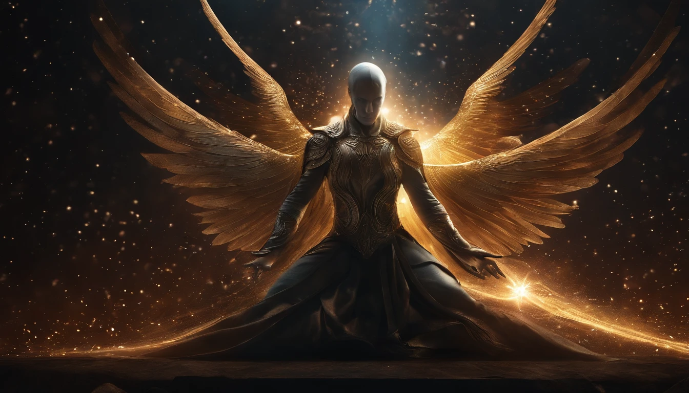 cosmic angel, masculino, St. Miguel Arcanjo, defensive position, olhos claros brilhantes, Biomechanicals, estranho, poderoso, celestial, cores muito brilhantes, light particles, com luz brilhante, Mshiff, Arte do papel de parede, papel de parede uhd