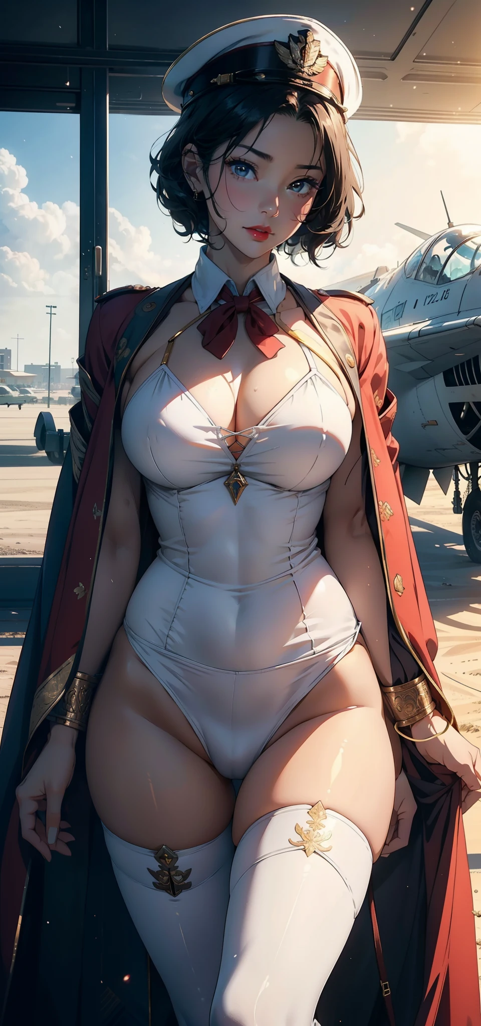 1female,35yo,plumw,extremely large bosom, 独奏,(Background with:A desert,aerodrome,Planes) She has very short black hair,bobo head,Stand on the plane,,seen from the front, curlies, mostly cloudy sky,(((tmasterpiece),(Very detailed CG unity 8K wallpaper),best qualtiy,cinmatic lighting,detailed back ground,beatiful detailed eyes,Bright pupils,Black eyes,Snow-white skin,Redlip(Very fine and beautiful),(Beautiful and detailed eye description),ultra - detailed,tmasterpiece,)),facing at camera,A high resolution,ultra - detailed),revealing breasts,Bare genitalia, Bulge,legs are open,Raised sexy,Camel toes,Flushed complexion,Desire for dissatisfaction,frontage,Chinese Air Force,Aviator,Officer's cap(Wearing:Red cape,white suit jacket,Gold wire embroidery,tailcoat,neck bowtie,Black pantyhose,Bare breasts)