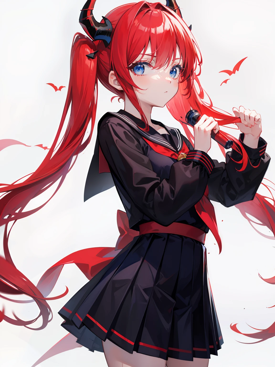red hair, blue eyes, twintails, Sailor suit,black coat, Dragon horns,Pleated skirt,solo,bow