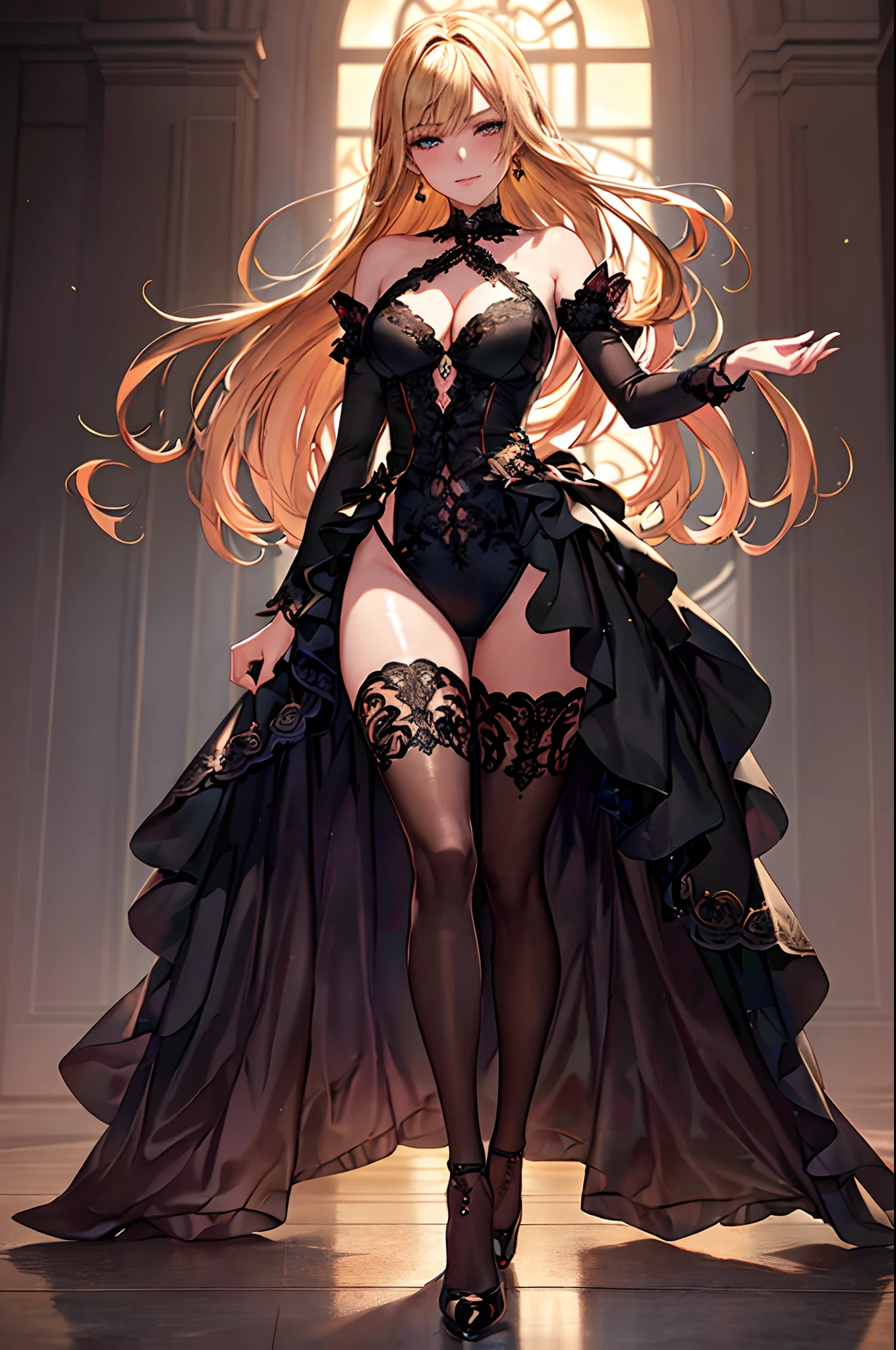 1 girl, Lip bite, winking, earrings, glossy, blushing, crossed fingers, high heels, thigh highs, medium breasts, full body, red high heels, shortstack, (masterpiece:1.2, best quality), (finely detailed beautiful eyes: 1.2), (detailed background,dark fantasy), (beautiful detailed face), high contrast, (best illumination, an extremely delicate and beautiful), ((cinematic light)), colorful, hyper detail, dramatic light, intricate details, depth of field, cinematic, hand with five delicate fingers, (perfect anatomy), (correct limb), covered, standing, spinning, wind flowing, posing, shy, golden gate behind, blushing, sunset time, 20 year old woman,