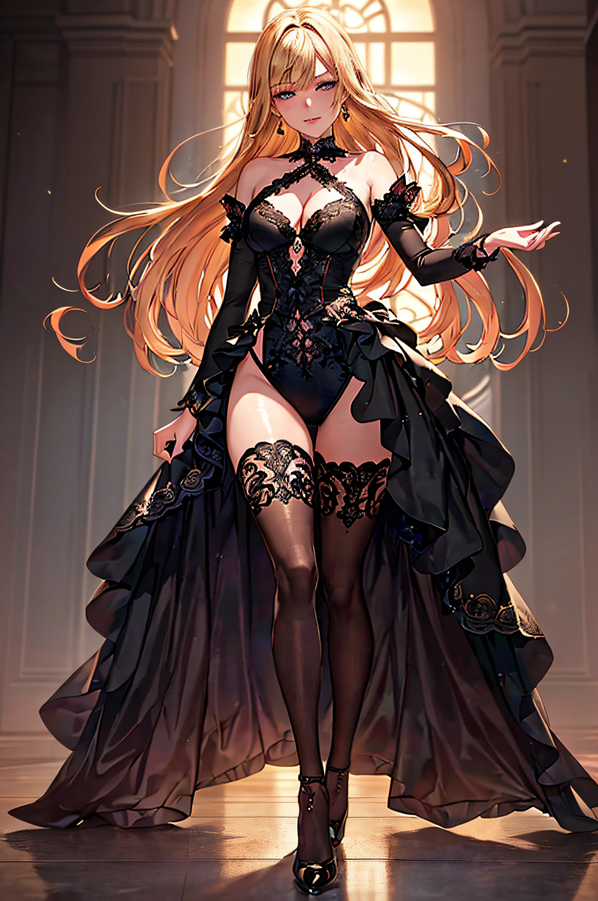 1 girl, Lip bite, winking, earrings, glossy, blushing, crossed fingers, high heels, thigh highs, medium breasts, full body, red high heels, shortstack, (masterpiece:1.2, best quality), (finely detailed beautiful eyes: 1.2), (detailed background,dark fantasy), (beautiful detailed face), high contrast, (best illumination, an extremely delicate and beautiful), ((cinematic light)), colorful, hyper detail, dramatic light, intricate details, depth of field, cinematic, hand with five delicate fingers, (perfect anatomy), (correct limb), covered, standing, spinning, wind flowing, posing, shy, golden gate behind, blushing, sunset time, 20 year old woman,
