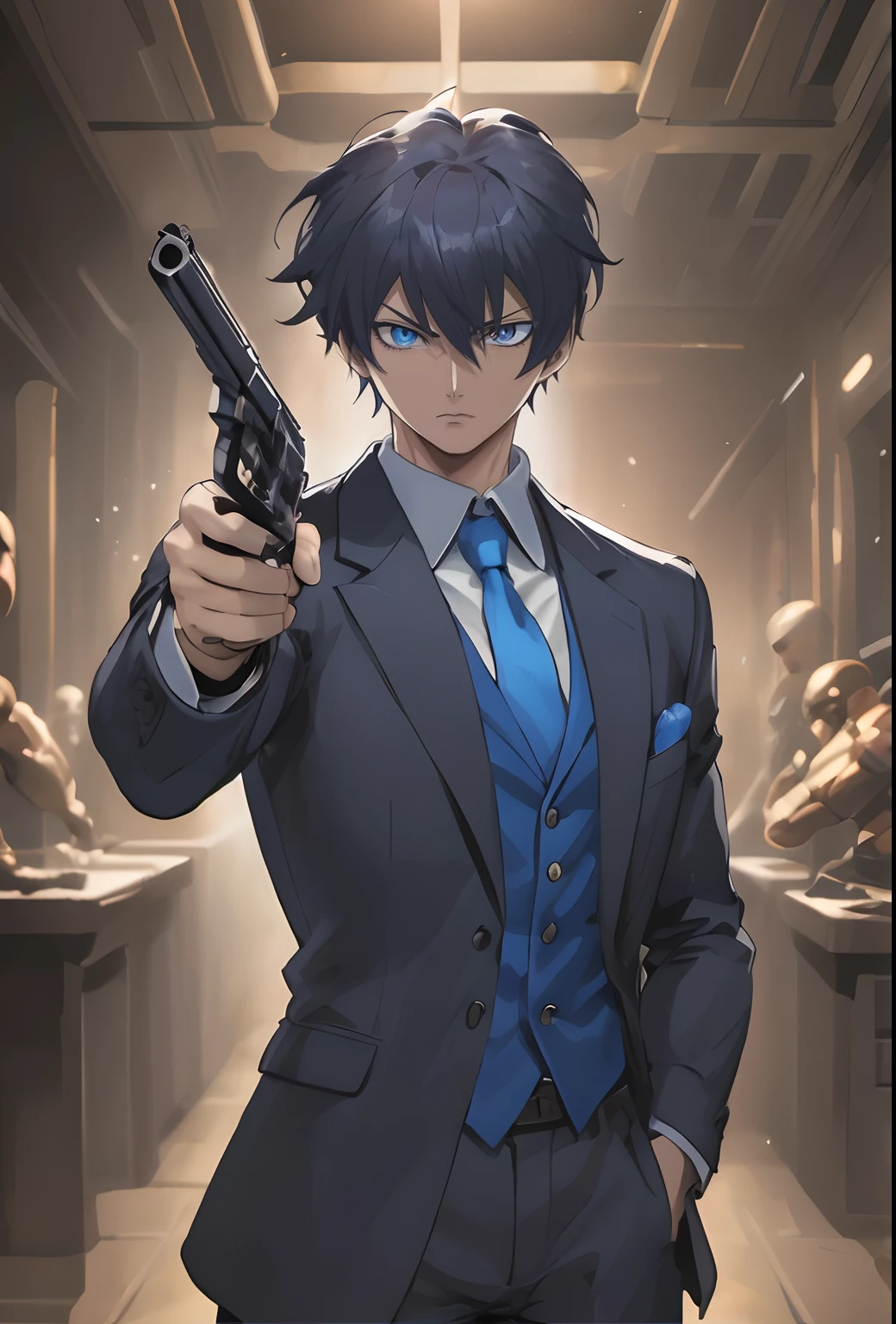 personagem de anime segurando uma arma em um corredor com um busto de um homem ao fundo, cara de anime alto com olhos azuis, badass anime 8 k, Gatilho Estilo de Arte de Anime, gama murata e artgerm, inspirado em Okumura Masanobu, pose de anime bonito, arte oficial do personagem, arte chave detalhada do anime, arte detalhada do personagem de anime, anime moe artstyle