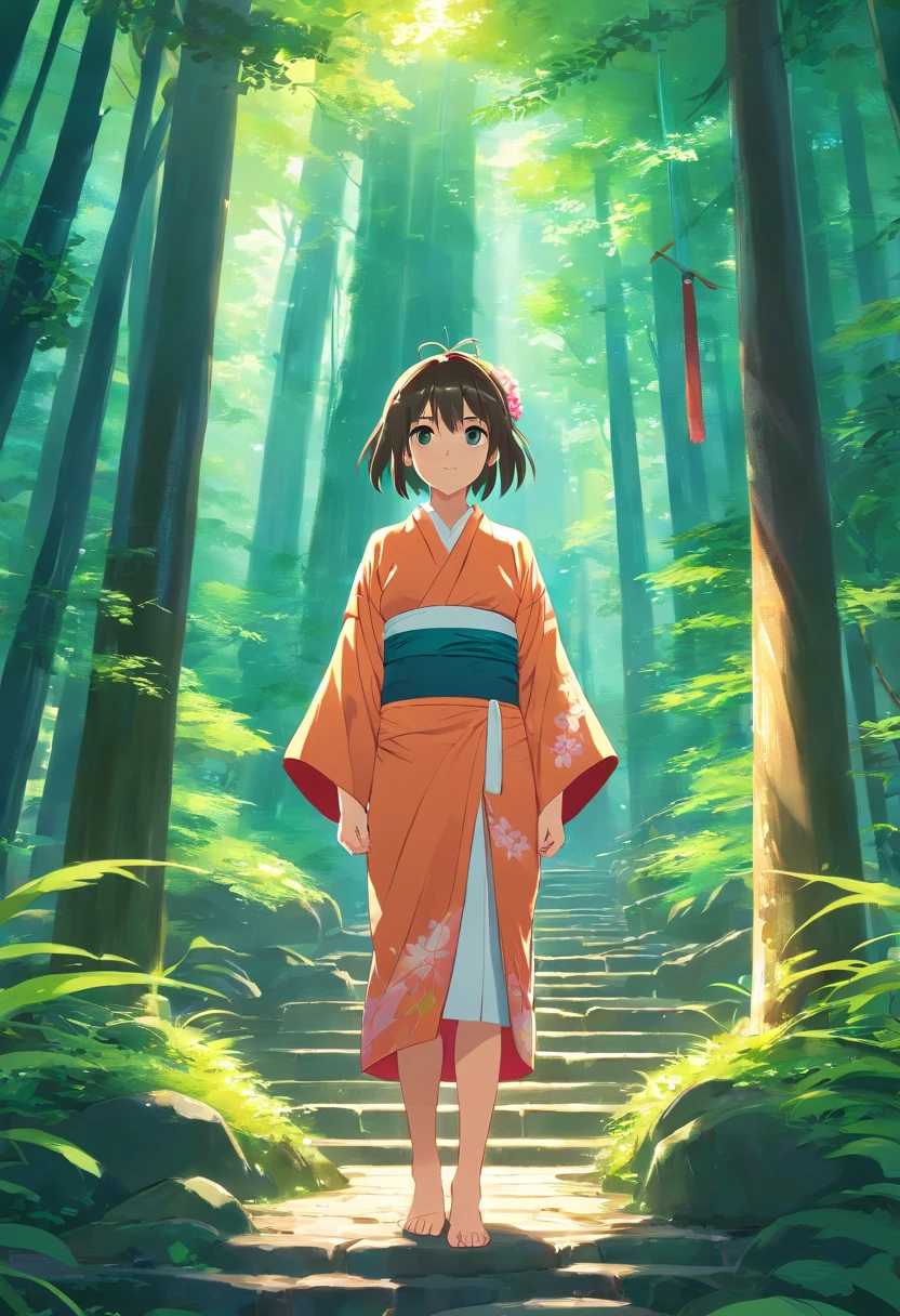 A hidden shrine in a deep forest, one girl in kimono standing in middle