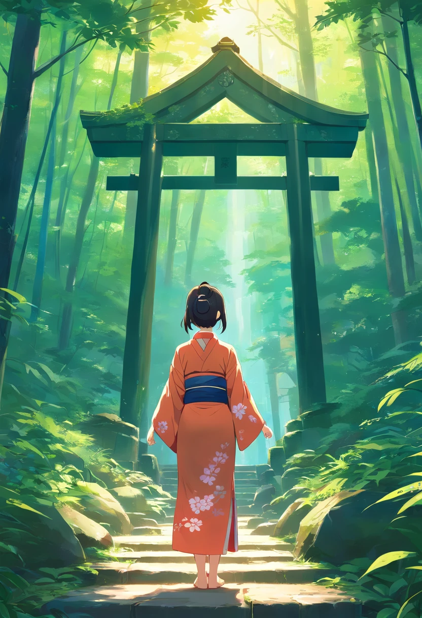 A hidden shrine in a deep forest, one girl in kimono standing in middle