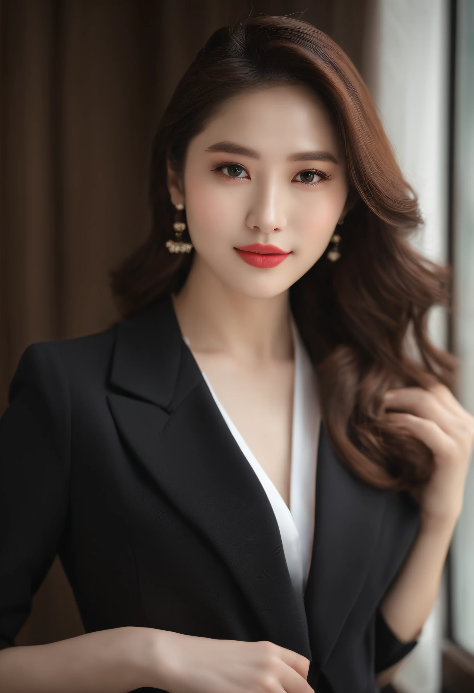 Gentle and beautiful woman, half-body photo, delicate sexy collarbone, charming oval face, Double eyelids, smart peach blossom eyes, Pink lips, a small nose, bare shoulder, focused face, face closeup, Hyper HD, Super detailing, Elegant standing, Black British Preppy Double Breasted Casual Rouge Korean Blazer, Beautiful smile, Hand Quality Pose, Pair it with a black pleated skirt suit