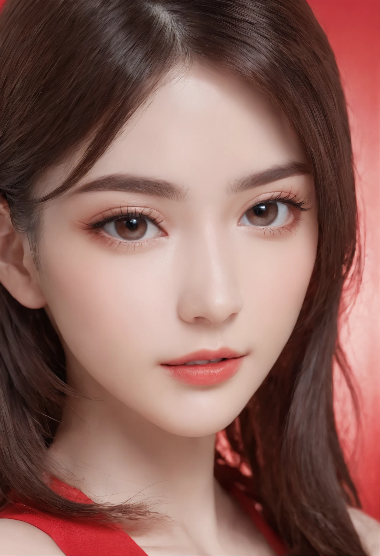 Best quality, High details, high resolution, HD, 16k,Close-up photo of shoulder length short brunette girl in suit uniform, ultraclear, Flawless and delicate face, Truly delicate skin,beautiful, Delicate and clear eyes, Look at the screen, Simple, (simple red background)