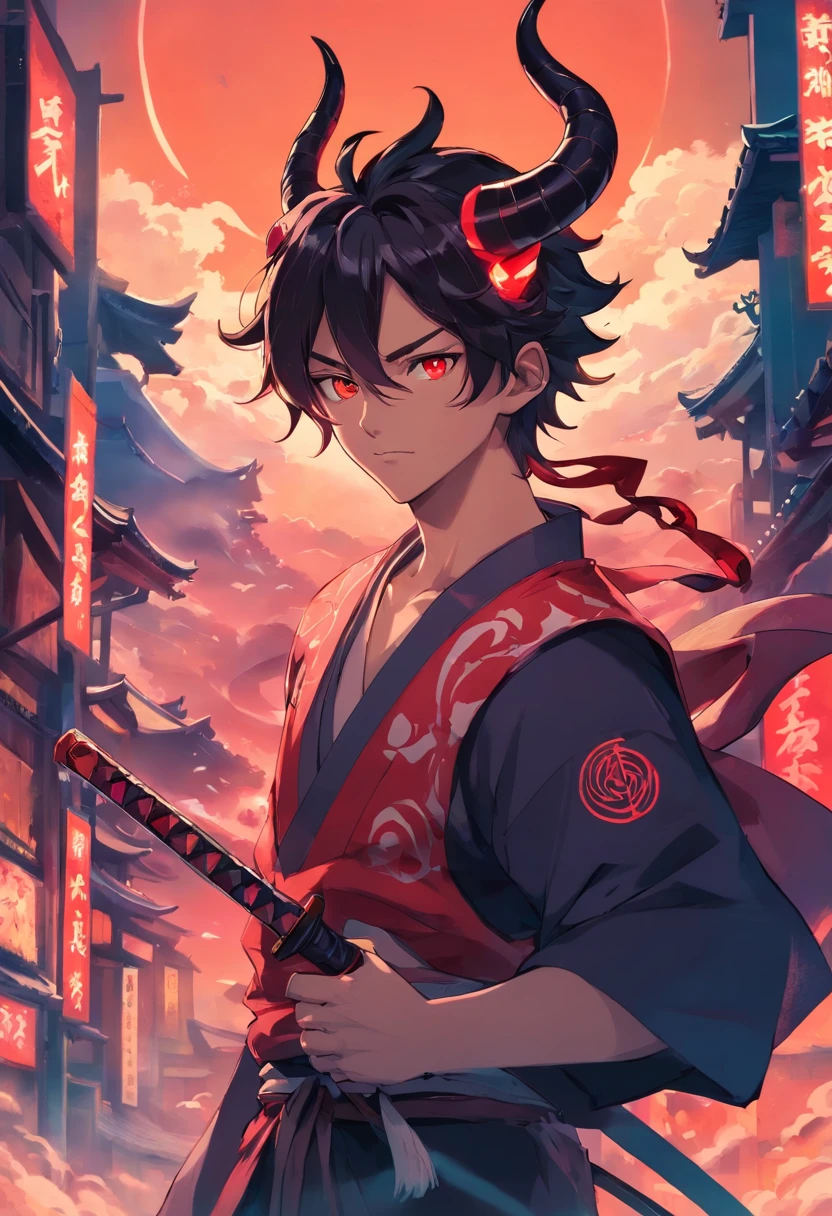 sky, cloud, holding_weapon, no_humans, glowing, , robot, building, glowing_eyes, mecha, science_fiction, city, realistic,mecha, a close up of a cartoon character with a demon face, demon samurai, villain wearing a red oni mask, demon samurai warrior, samurai with demon mask, oni horns, handsome guy in demon slayer art, neon samurai, handsome japanese demon boy, demon samurai mask, demon slayer artstyle, oni mask, onmyoji portrait, onmyoji detailed art, oni