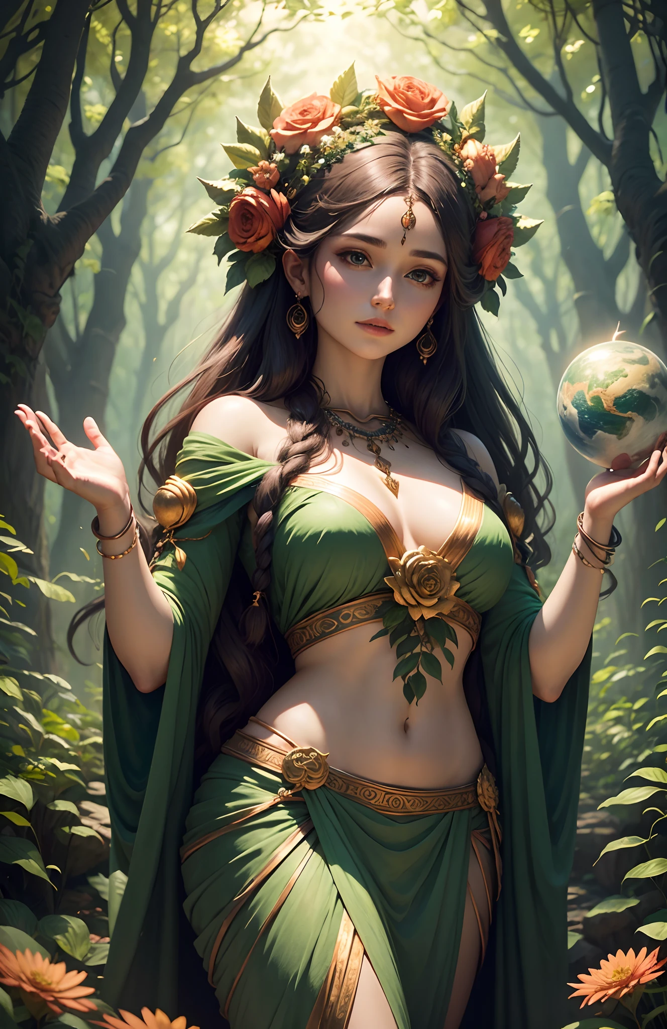 Goddess of forest, Woman with planet earth floating in her hands, hair of leaves & flowers, 8k, intricate details
