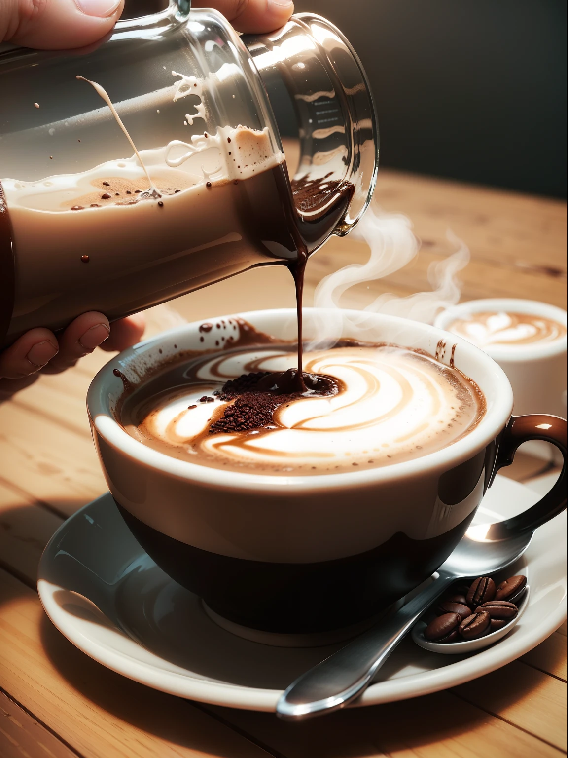 someone is pouring a cup of coffee with a spoon in it, latte art, cup of coffee, drink more coffee, coffee art, coffee, drinking a cup of coffee, drinking a coffee, cappuccino, steaming coffee, coffee smell, pouring, morning coffee, drinking coffee, coffee cup, hot coffee, highly detailed vfx espresso, celebration of coffee products
