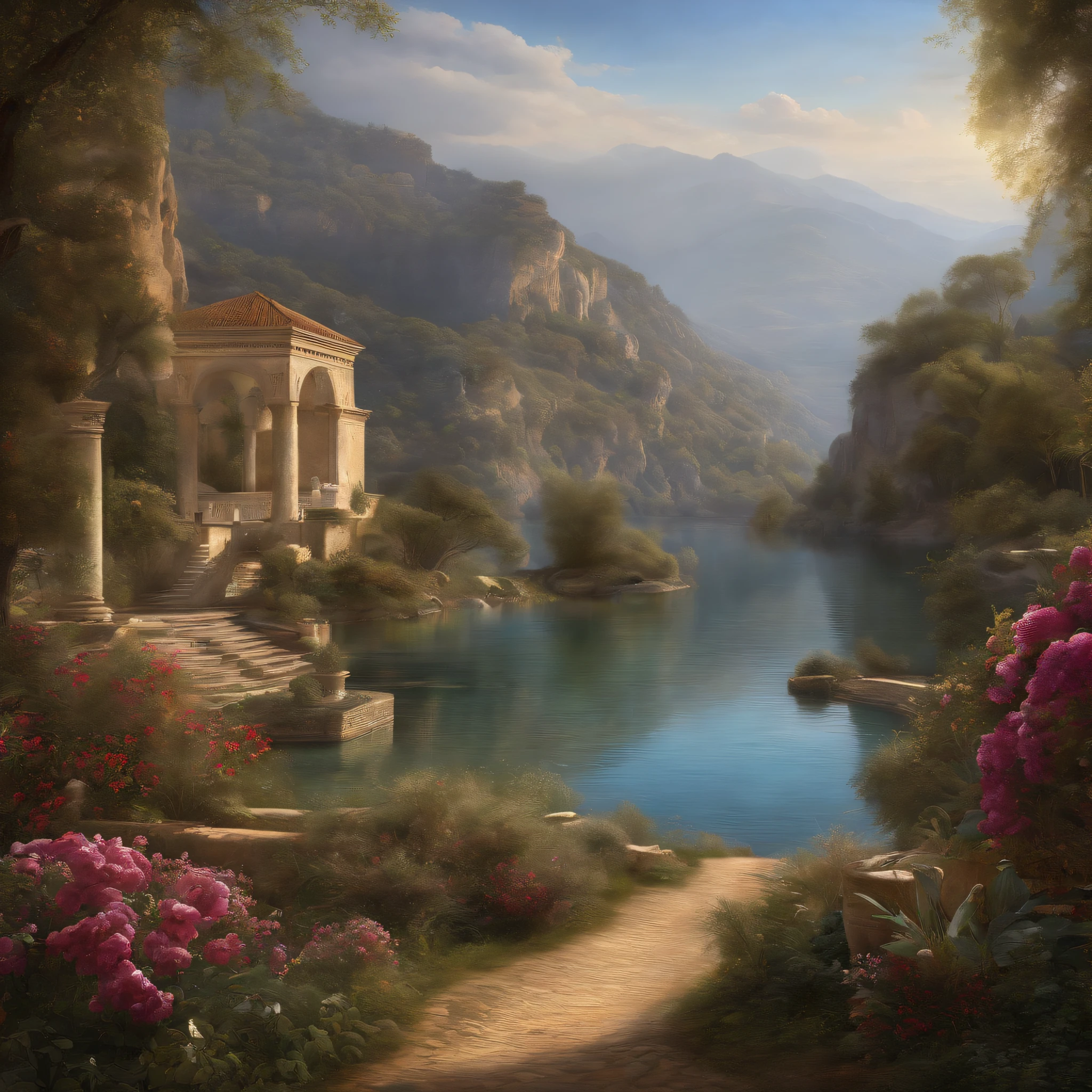 Paysage magique,Mysterious ,(Highly detailed CG Unit 8k wallpaper), The most beautiful work of art in the world, Professional majestic oil painting, complexe, High detail, mise au point nette, dramatique, Art of photorealist painting, Alma Tadema