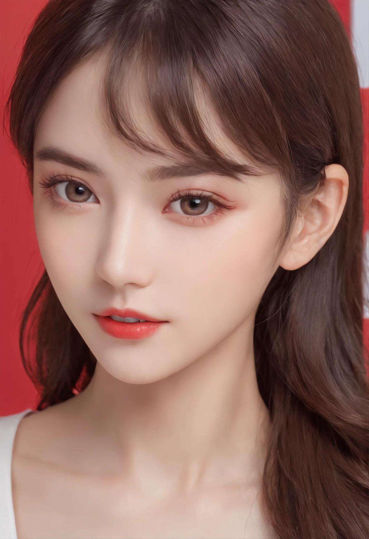Best quality, High details, high resolution, HD, 16k,Close-up photo of shoulder length short brunette girl in suit uniform, ultraclear, Flawless and delicate face, Truly delicate skin,beautiful, Delicate and clear eyes, Look at the screen, Simple, (simple red background)