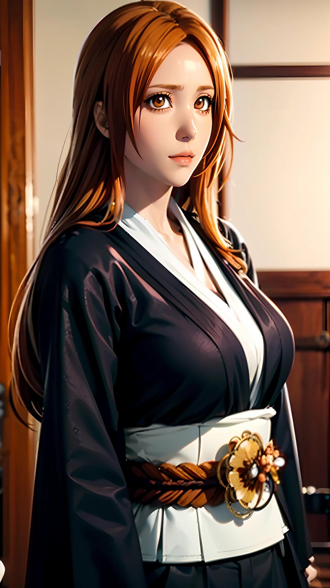 （（（Orihime，Orihime,Orihime,inoueorihime, By bangs，Long hair， Orange hair, (Brown eyes:1.5),Light and shadow interlace，with brown eye， looking at viewert, There is light in the eyes，Orange hair，Hair decoration，laughingly，self-assured，ssmile）））