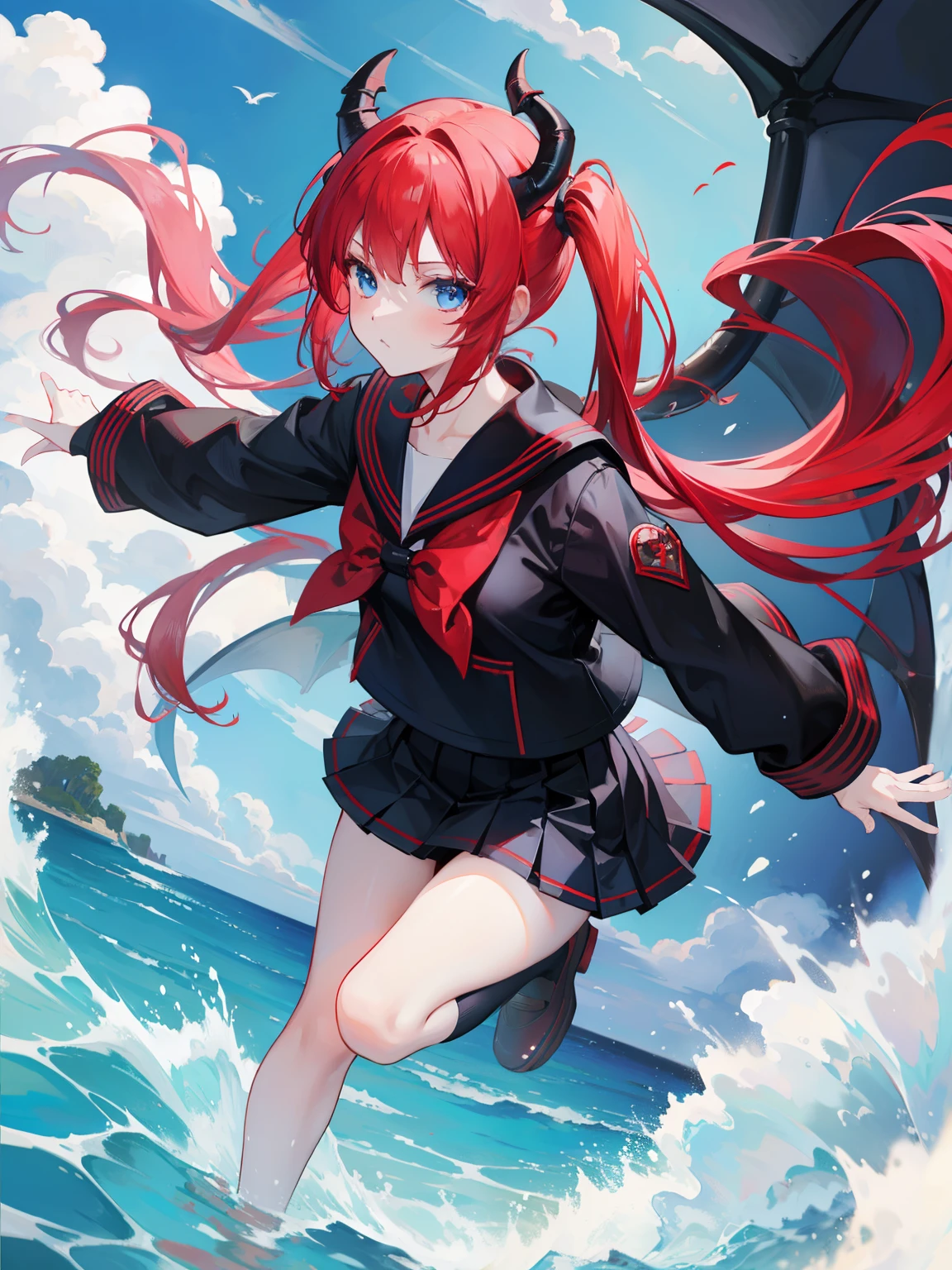 red hair, blue eyes, twintails, Sailor suit,black coat, Dragon horns,Pleated skirt,solo,bow