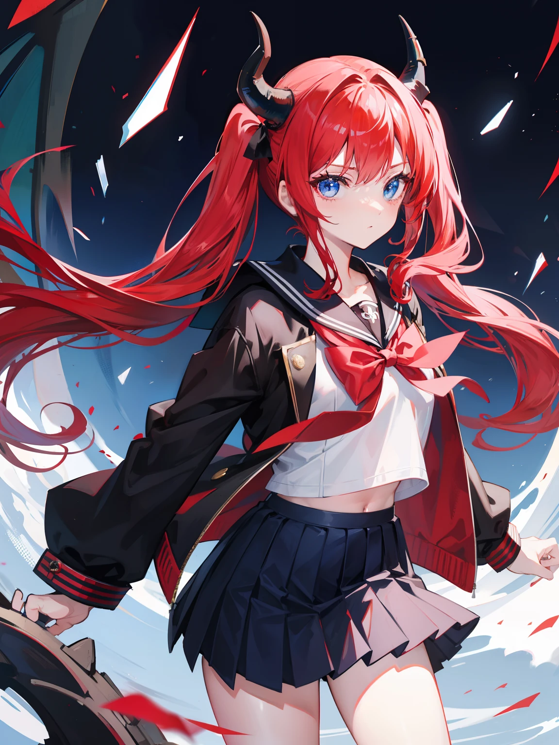 red hair, blue eyes, twintails, Sailor suit,black coat, Dragon horns,Pleated skirt,solo,bow