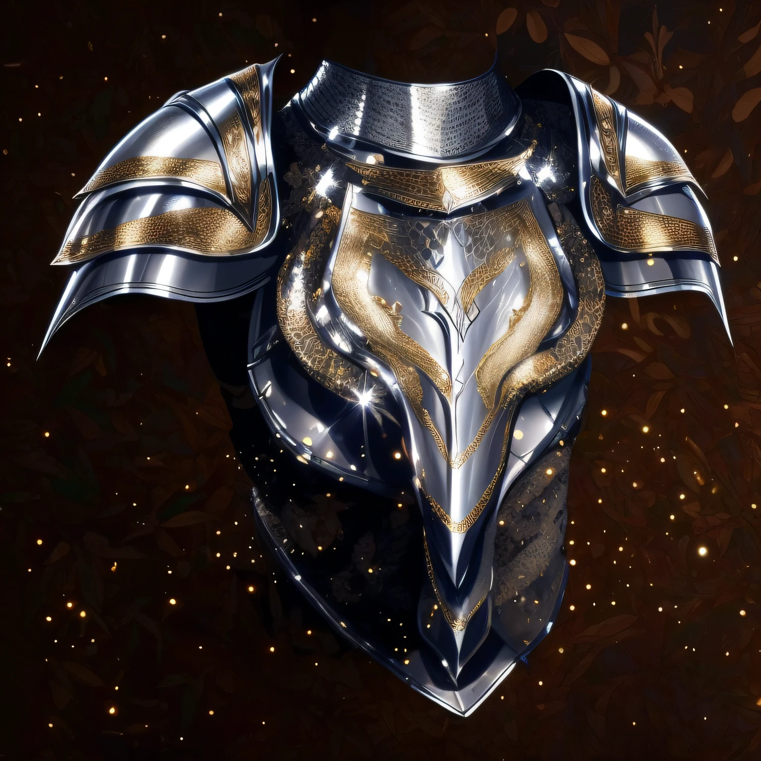 um close up de uma armadura preta e prateada em um fundo marrom, ornate gothic armor, Armadura bonita, armadura de fantasia escaneosa, armadura de fantasia muito elegante, Armadura elegante, armadura de fantasia, Armadura de filigrana, gothic armor, armadura ornamentada, armadura impressionante, Armadura de filigrana ornamentada, armadura ornamentada, armadura ornamental, armadura de fantasia detalhada, elven armor, intrincada armadura ornamentada