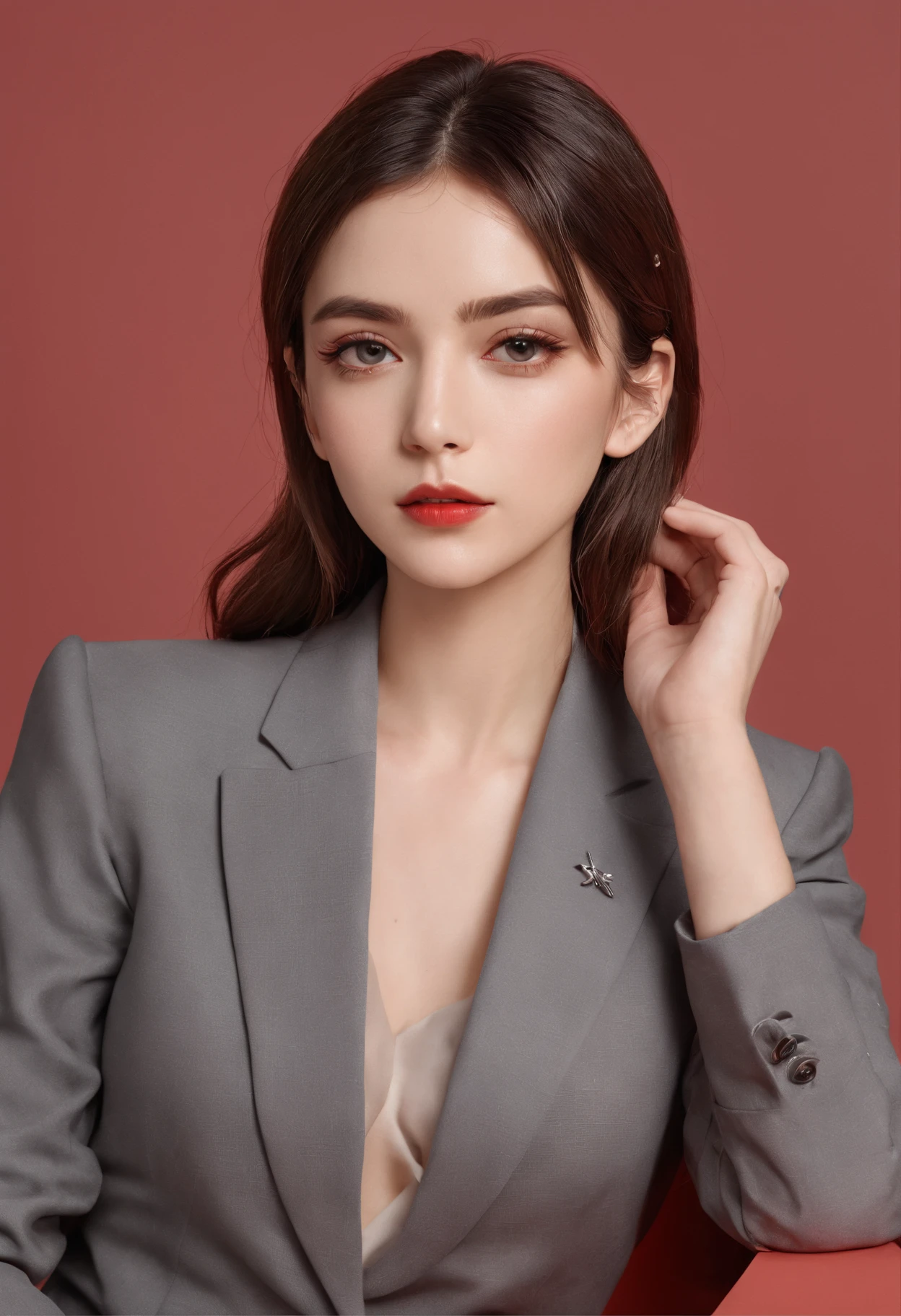 Best quality, High details, high resolution, HD, 16k,Close-up photo of shoulder length short brunette girl in suit uniform, ultraclear, Flawless and delicate face, Truly delicate skin,beautiful, Delicate and clear eyes, Look at the screen, Simple, (simple red background)
