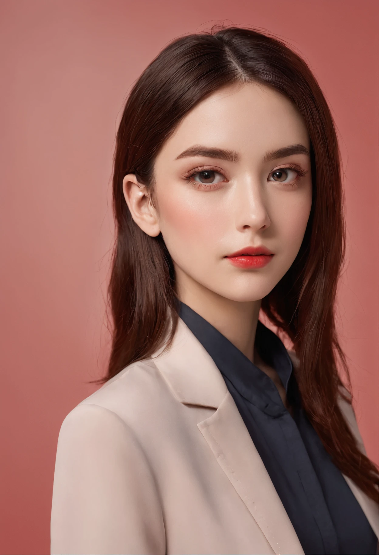 Best quality, High details, high resolution, HD, 16k,Close-up photo of shoulder length short brunette girl in suit uniform, ultraclear, Flawless and delicate face, Truly delicate skin,beautiful, Delicate and clear eyes, Look at the screen, Simple, (simple red background)