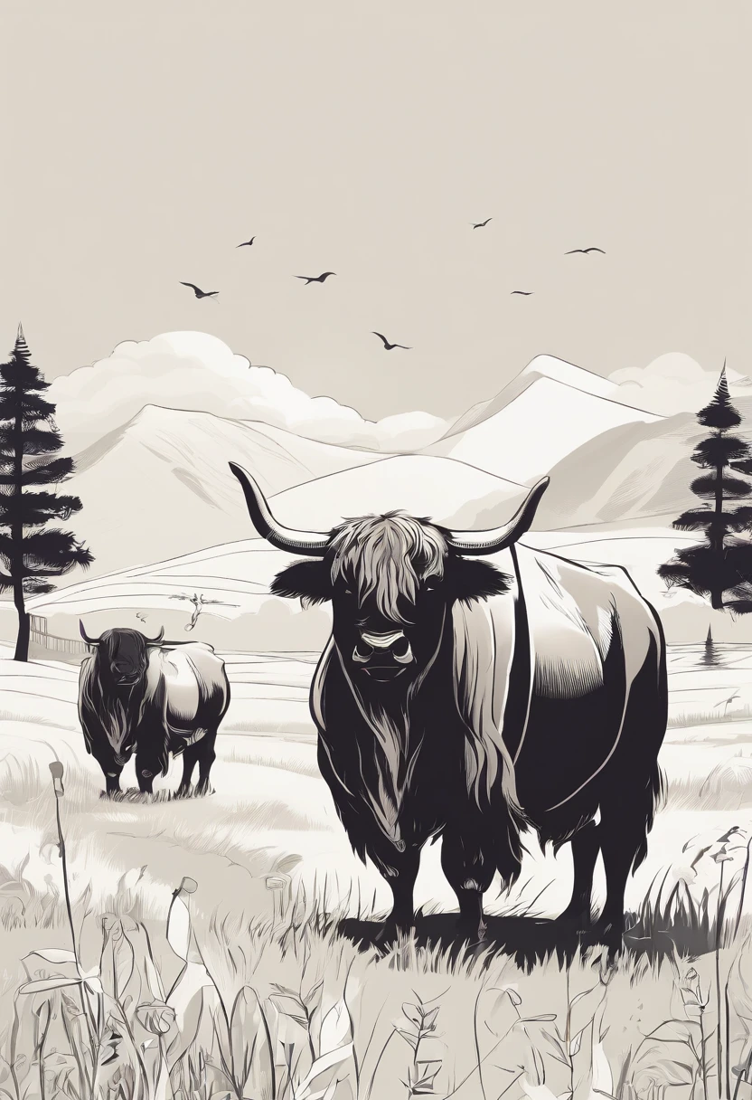 There are three yaks standing in the pasture，There is a farm, Commercial illustration, Simple illustration, Flat illustration, Detailed 2D illustration, A illustration, Farming, illustration, farm background, Digital illustration, Countryside, On the farm outside, Stylized digital illustration, farms, Landscape illustration, Farm, shaded flat illustration, Simple and clean illustration, Sunny environment, animated still