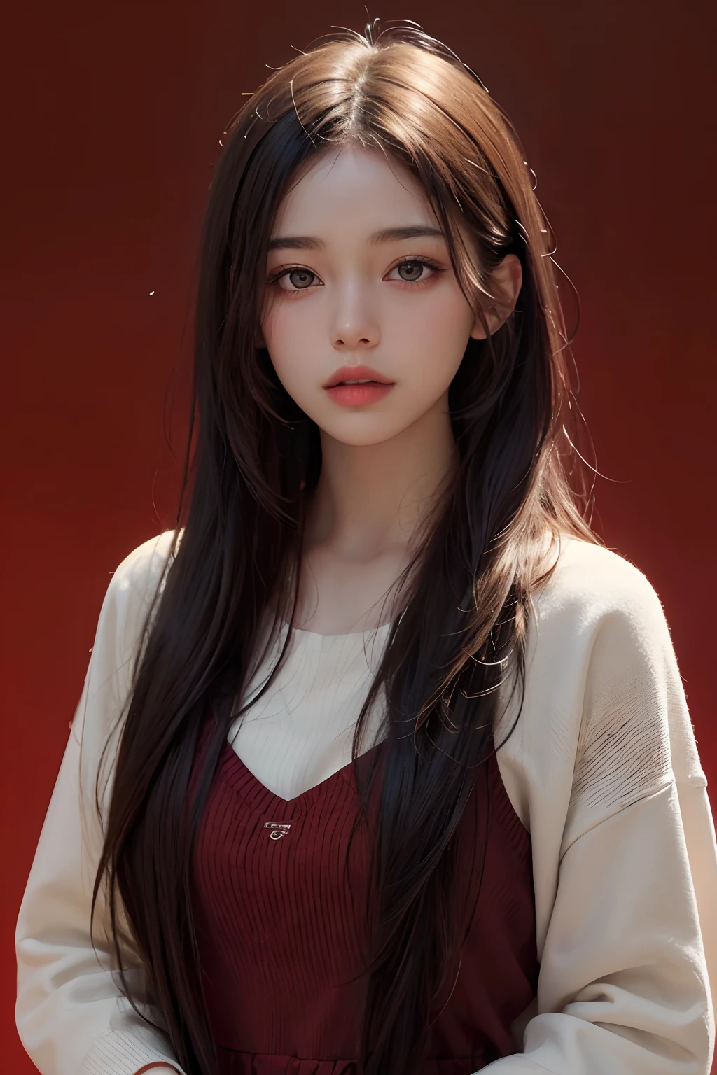 a 20 yo woman,long hair,dark theme, soothing tones, muted colors, high contrast, (natural skin texture, hyperrealism, soft light, sharp),red background,simple background,