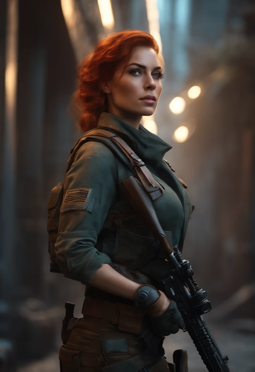 there is a woman with a gun in a dark alley, wojtek fus, female lead character, of a sniper girl in war, hyper-realistic cyberpunk style, redhead female cyberpunk, ultra realistic concept art, sci fi female character, photorrealistic concept art, dieselpunk soldier girl, stunning character art, unreal 5. rpg portrait, 3 d render character art 8 k