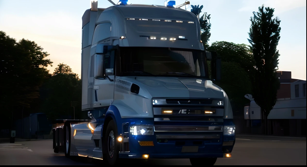 a close up of a semi truck driving down a street, super highly detail, super high detail, with cool headlights, front lighting, super realistic”, semi - realistic render, semi realistic, silver, truck, wide body, translucent sss, 1 9 9 8 render, hd”, 3 d render of jerma 9 8 5, "Erebos's Titan, super highly detailed