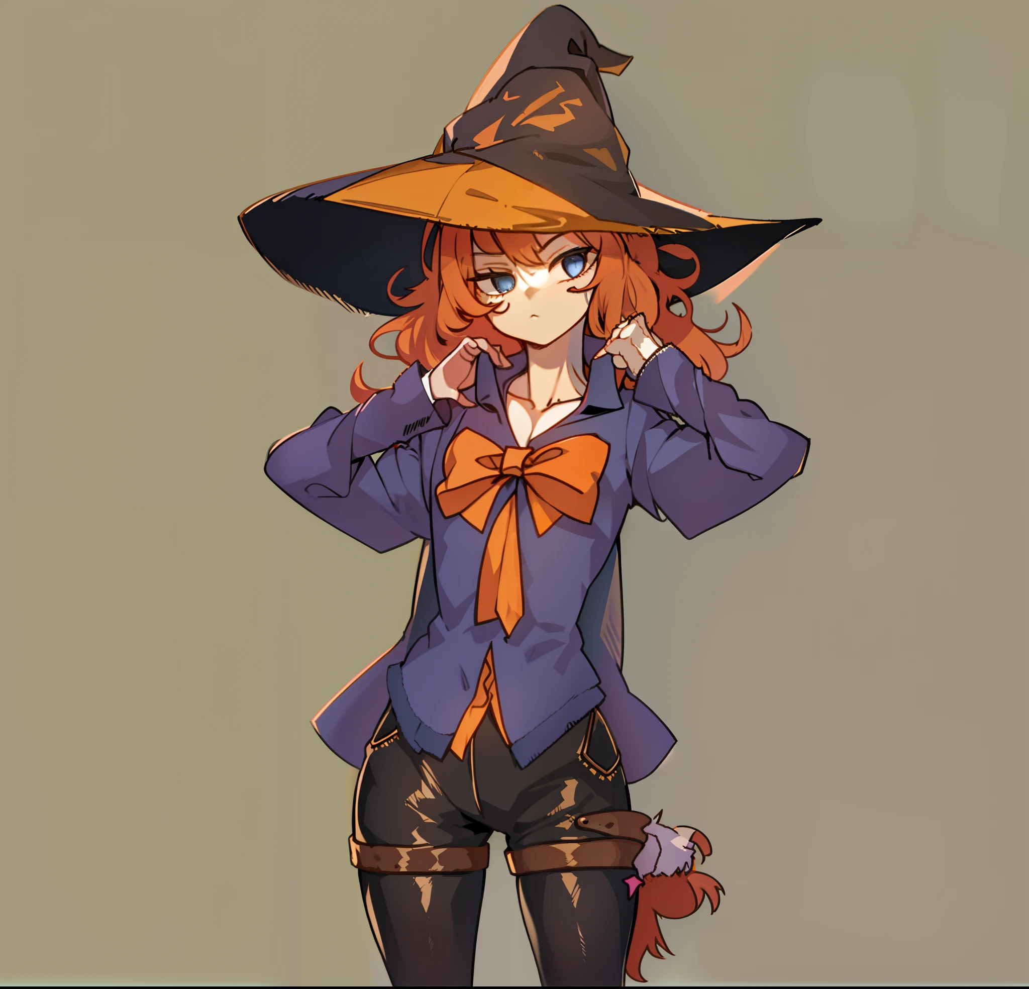 1girll, bangs, Blue bow, Orange hair, Long bangs cover the eyes, bow, breast hold,  Witch hat, Crossed arms, leather pant, Curly hair, Long sleeves, Simple background, Solo,