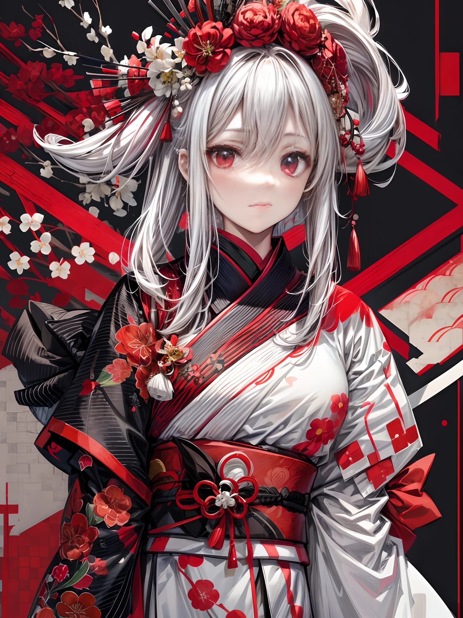 Girl in kimono standing with Japanese sword, white medium hair, red eyes, red lips, kimono with red cluster amaryllis pattern on black background, red splash pattern on black background, super high quality, super fine detail, super fine kimono pattern