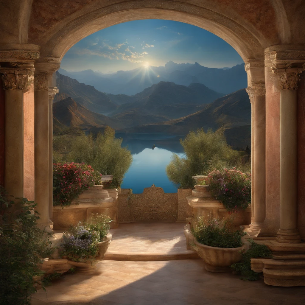 Paysage magique,Mysterious ,(Highly detailed CG Unit 8k wallpaper), The most beautiful work of art in the world, Professional majestic oil painting, complexe, High detail, mise au point nette, dramatique, Art of photorealist painting, Alma Tadema