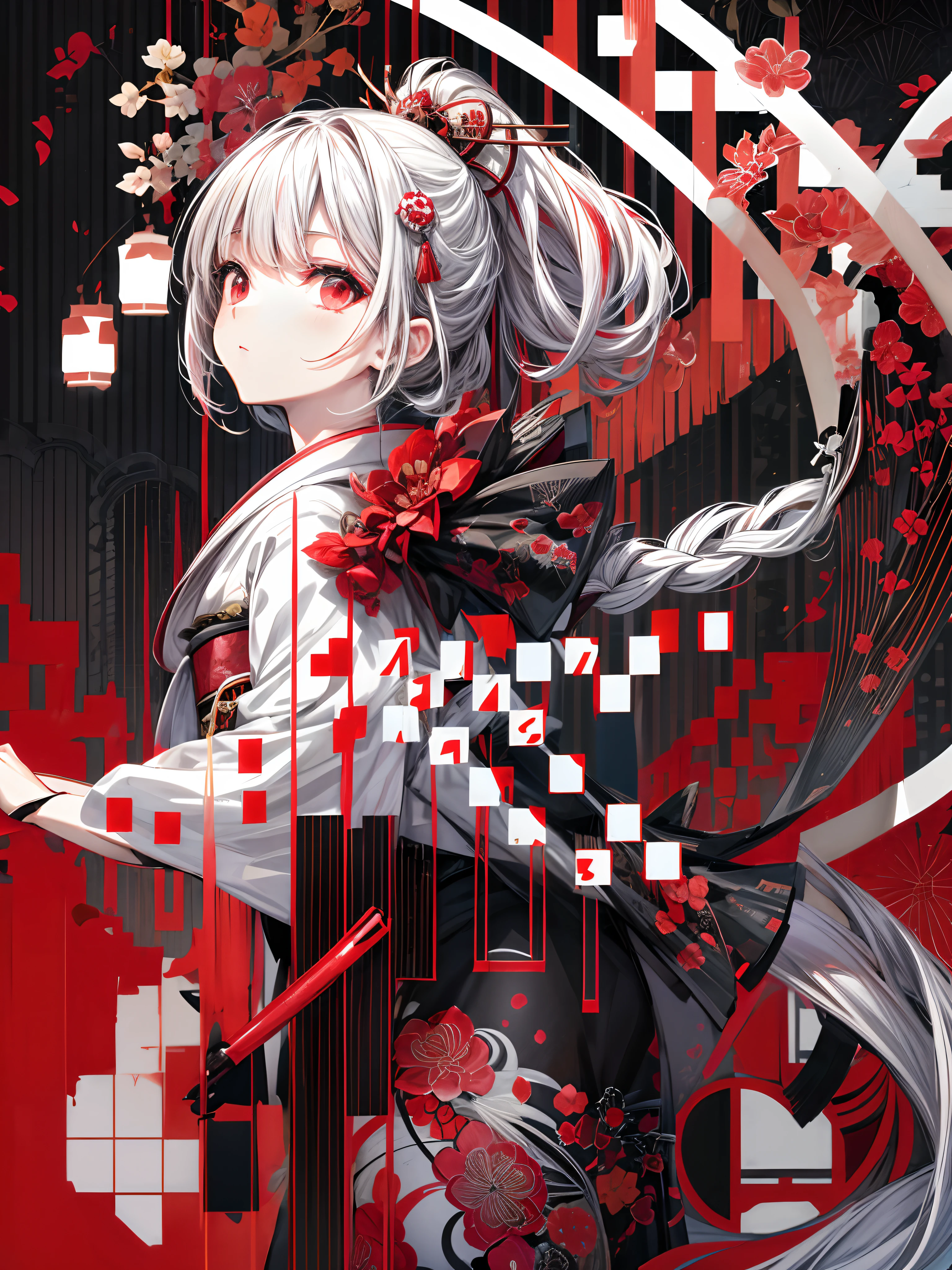 Girl in kimono standing with Japanese sword, white medium hair, red eyes, red lips, kimono with red cluster amaryllis pattern on black background, red splash pattern on black background, super high quality, super fine detail, super fine kimono pattern