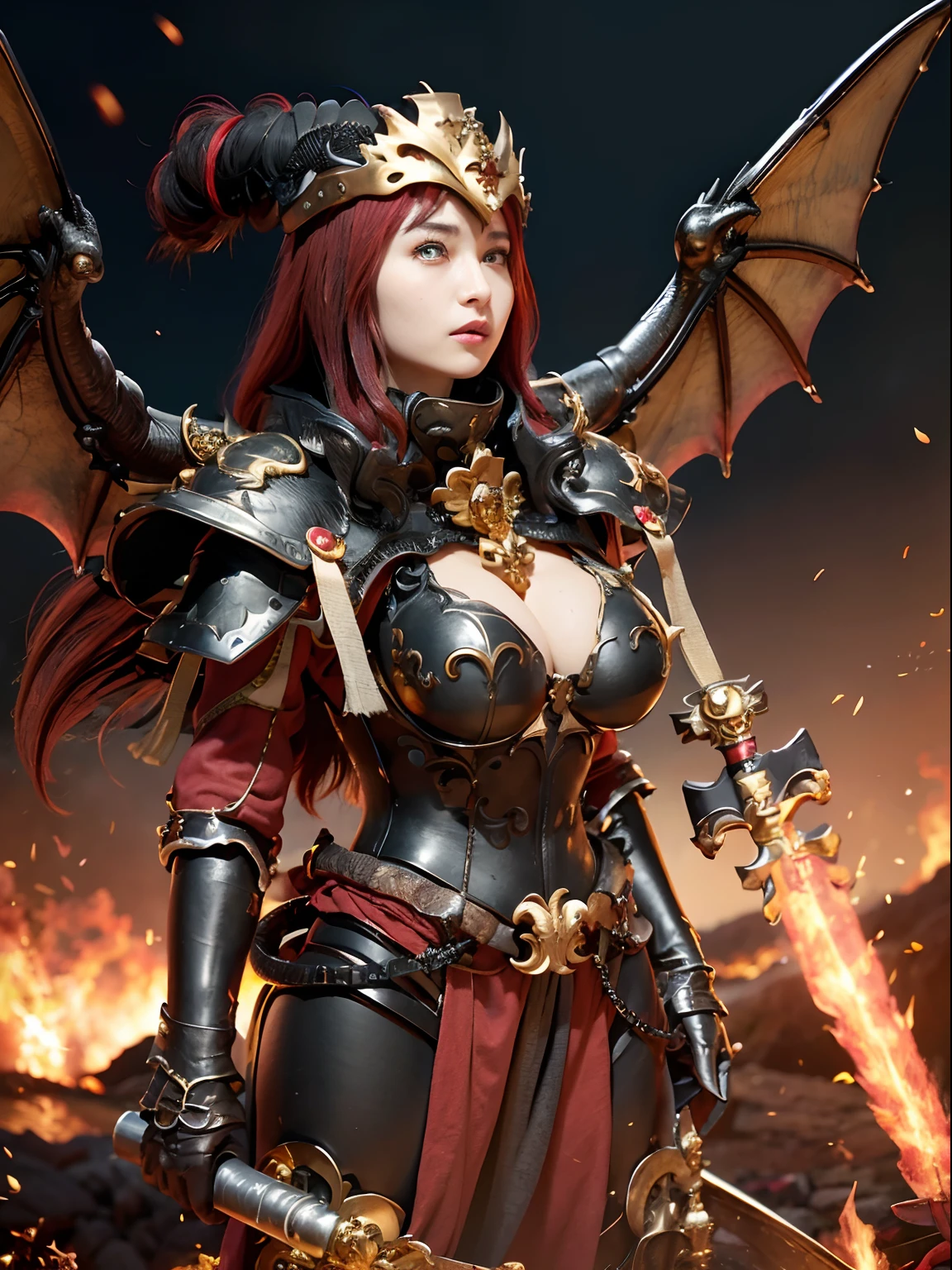 (masutepiece), Professional , ​masterpiece、top-quality、photos realistic , depth of fields 、（Dragon Black Metal Body:1.4),(Matte Black、（cleavage of the breast）、Dragon Gold Weapon（Gold Dragon Metal Body:1.４),Gorgeous gold weapons ,（demonic wings）、Fight against a group of skeleton soldiers、（（ Dragon's dense and gorgeous sword）） , （demonic wings） ,Detail and gorgeous crown、（（Red hair））、（Castle background）、（（Gangle's forest background））、Beautiful Caucasian beauty、１a person、dynamic ungle,(((Detailed and ornate dragon helmet)))、Smaller head、A smile、Castle background、Thin and beautiful female hands、cleavage of the breast、Soldier in iron armor on background、Mystical expression、Light Effects、intense fighting、Wind-effect、magic circles、With the legendary magic wand、Dragon's tail、Long straight hair、