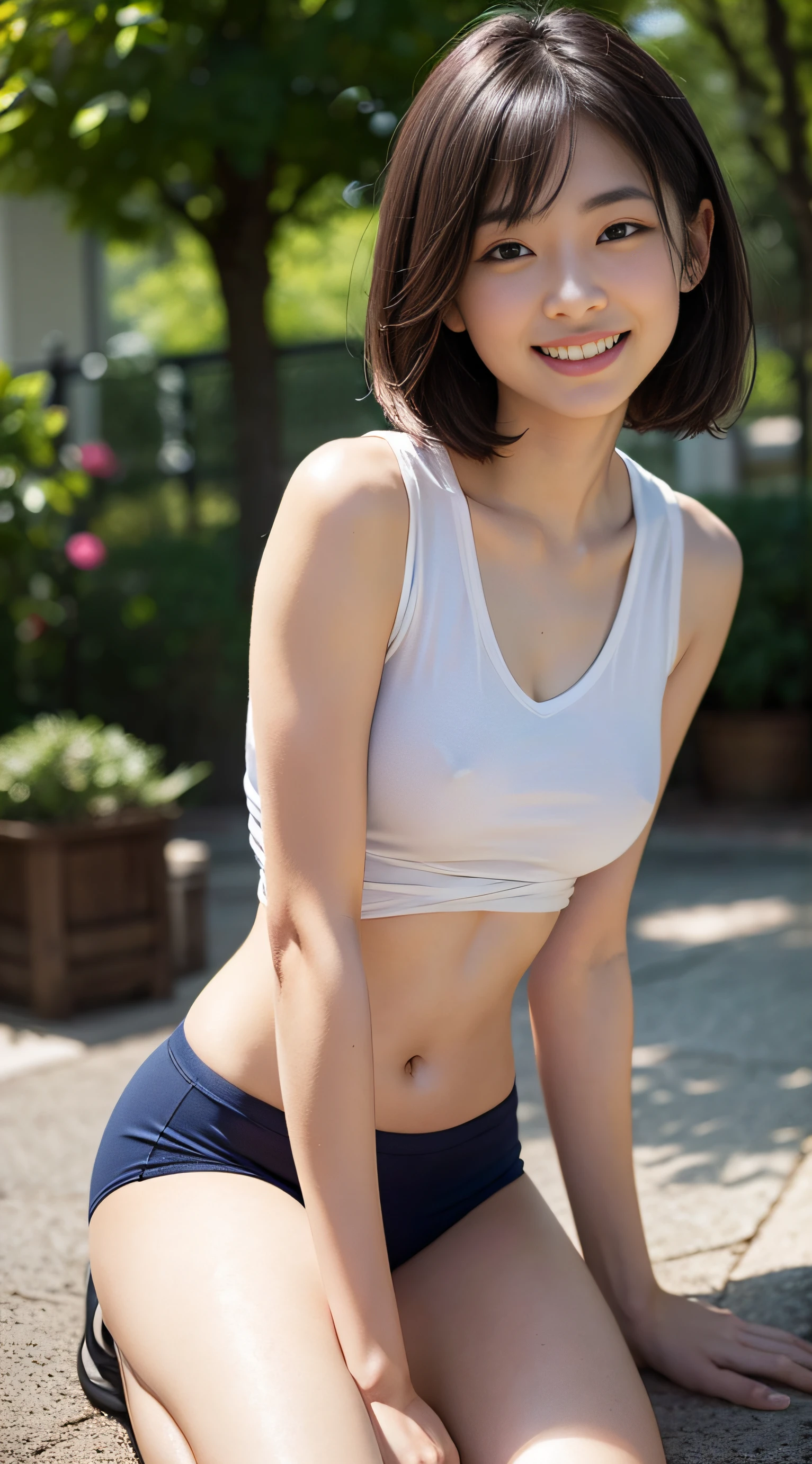 Top image quality、超A high resolution、masutepiece、Photoquality(photographrealistic:1.8)、Silver halide film、Acquired ISO400 certification、pores、realistic skin textures、Rough、accuracy、Japan women、20yr old、A dark-haired、Cute dimples、Short-cut hair、Pinch your hair、Slender girl、tiny chest、 small tits、Small breasts、stand out、Private garden、toru、Bright sunlight、Reflector reflected light、High leg cut、Tight uniform、Separate Clothing、white tank tops、Navy blue、 Milk transparency 、Nipple sheer、highleg、Ultra-thin、 Protruding、camel's toe、laugh face、Facing the front、Naughty Angel、Tanned arms and thighs、Tanned thighs、