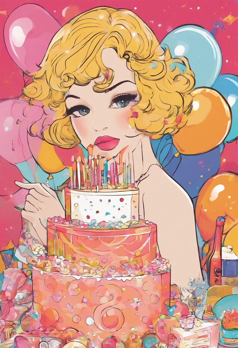 Girl in long dress with short hair is happily eating birthday cake. Hair color is blonde, And the right side is knitted. She wears a cute white dress decorated with sparkling diamonds. The place is a party venue where she is celebrating her birthday. Balloons, Confetti, And colorful decorations fill the air, Create a festive atmosphere. The lighting is warm and beautiful, Bring a soft glow to the scene, The colors are vivid。