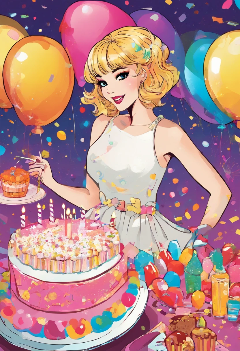 Girl in long dress with short hair is happily eating birthday cake. Hair color is blonde, And the right side is knitted. She wears a cute white dress decorated with sparkling diamonds. The place is a party venue where she is celebrating her birthday. Balloons, Confetti, And colorful decorations fill the air, Create a festive atmosphere. The lighting is warm and beautiful, Bring a soft glow to the scene, The colors are vivid。
