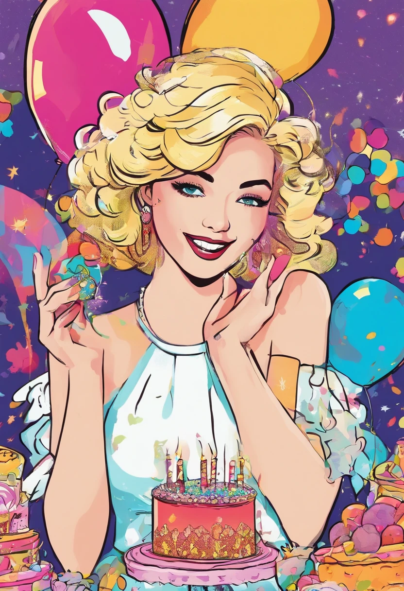 Girl in long dress with short hair is happily eating birthday cake. Hair color is blonde, And the right side is knitted. She wears a cute white dress decorated with sparkling diamonds. The place is a party venue where she is celebrating her birthday. Balloons, Confetti, And colorful decorations fill the air, Create a festive atmosphere. The lighting is warm and beautiful, Bring a soft glow to the scene, The colors are vivid。