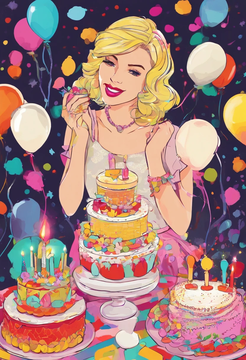 Girl in long dress with short hair is happily eating birthday cake. Hair color is blonde, And the right side is knitted. She wears a cute white dress decorated with sparkling diamonds. The place is a party venue where she is celebrating her birthday. Balloons, Confetti, And colorful decorations fill the air, Create a festive atmosphere. The lighting is warm and beautiful, Bring a soft glow to the scene, The colors are vivid。