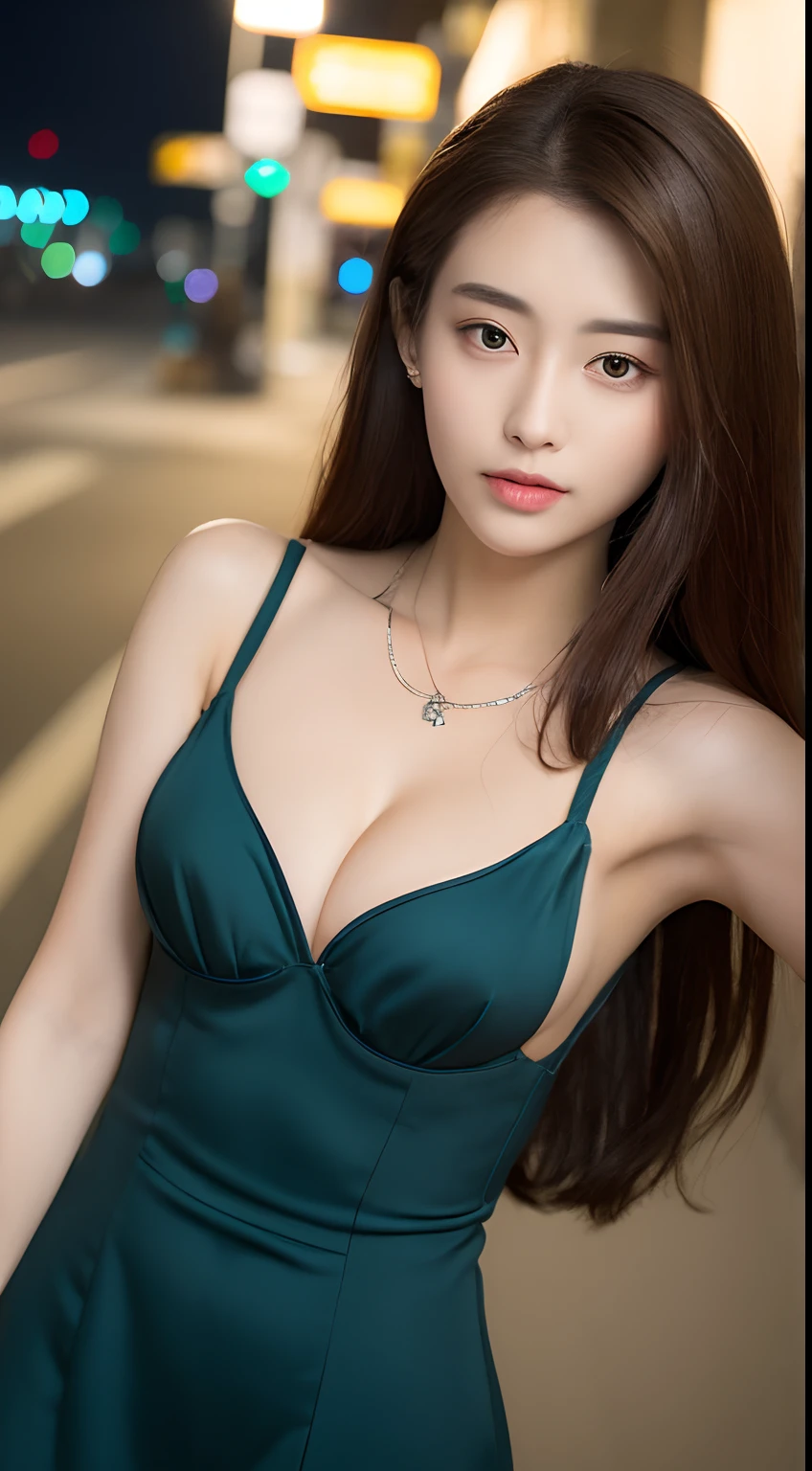 ((Realistic lighting, Best quality, 8K, Masterpiece: 1.3)), Clear focus: 1.2, 1girl, Perfect body beauty: 1.4, Slim abs: 1.1, ((dark brown hair, Big breasts: 1.3)), (Aqua dress: 1.4), (Outdoor, night: 1.1), City streets, Super fine face, fine eyes, double eyelids, exposed cleavage