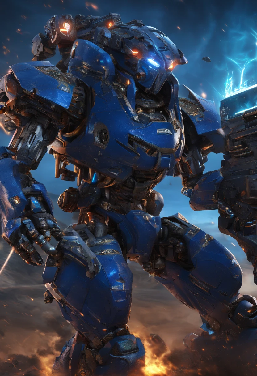 a warrior holding a banner written ultramar and wearing big blue armor with ultramar logo and emblem waring a mark iv armor blue sky tyranids bolter on the left hand and shootinh fighting for his life and for the imperium of man with his brothers and battle sister between them holding the line from the tiranids invasion