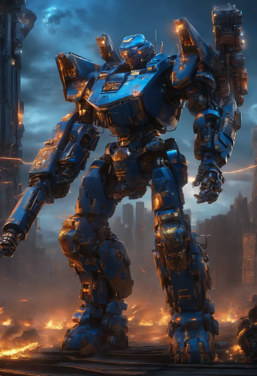 a warrior holding a banner written ultramar and wearing big blue armor with ultramar logo and emblem waring a mark iv armor blue sky tyranids bolter on the left hand and shootinh fighting for his life and for the imperium of man with his brothers and battle sister between them holding the line from the tiranids invasion