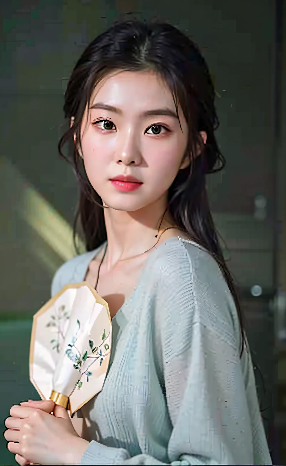 a close up of a woman holding a fan in her hand, Chinese girl, cute delicate face, Realistic. Cheng Yi, gorgeous chinese models, a cute young woman, A young Asian woman, ruan jia beautiful!, girl cute-fine face, young cute wan asian face, A beautiful young woman, Chinese woman, light green tone beautiful face