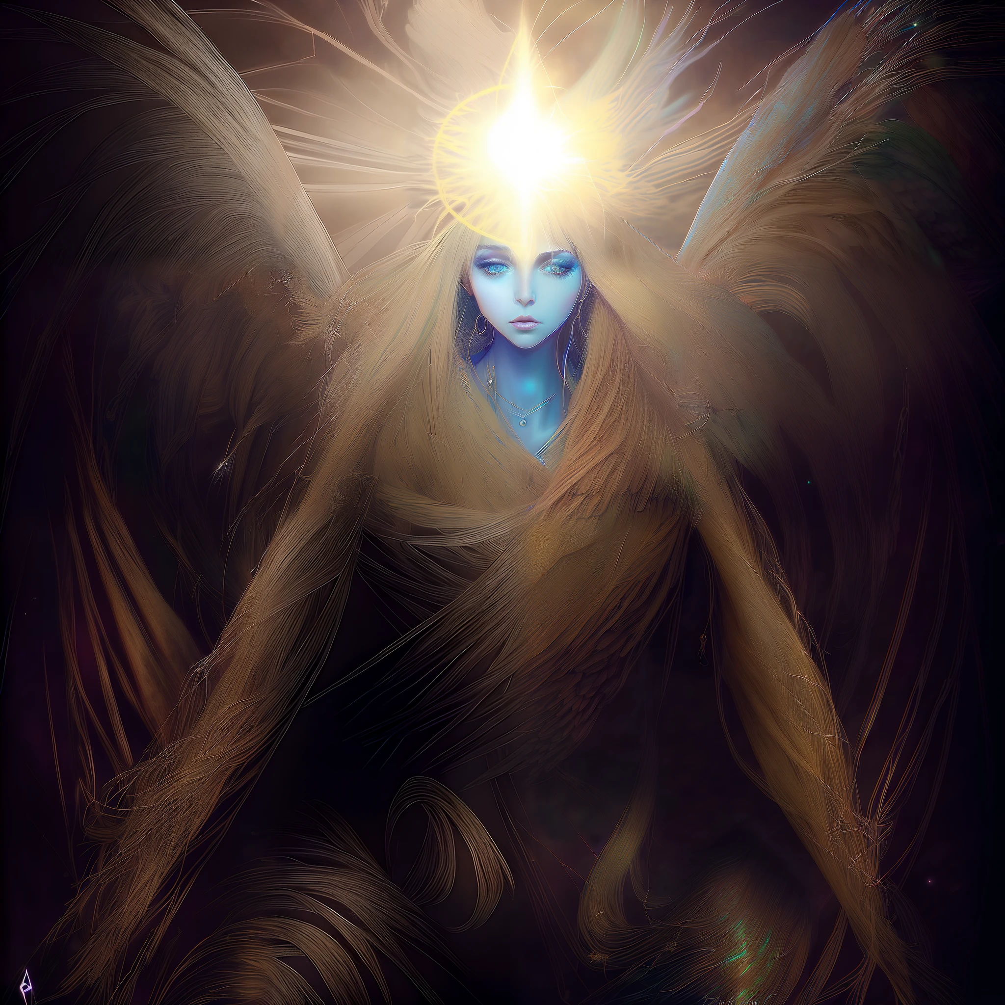 There is a digital painting of a woman with long hair, ser anjelical brilhante, Deusa da Luz, Ethereal Angelic Being of Light, Retrato da Rainha da Luz, anjo, elven angel meditating in space, aura sagrada brilhante, angel spirit guide, Serafim, sacerdotisa, divindade de cabelos brancos, estilo de arte charlie bowater, Angelic Light, Thoth, Gothic art, 8k, super detail, textured skin, high details, 16k, anatomically correct, masterpiece, 16k