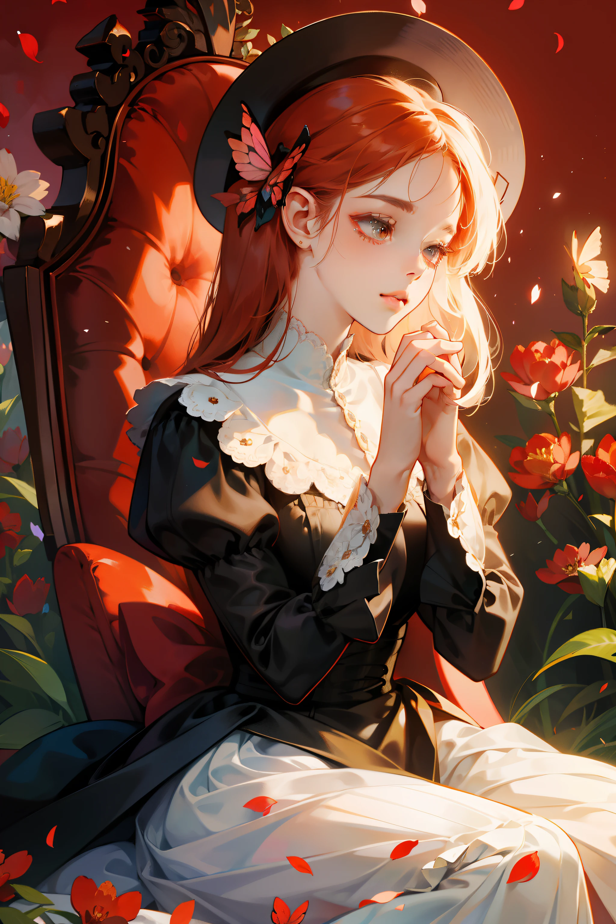 Hat, dress, bow, petals, Bouquet，Girl sitting among flowers，Keep your hands together，DOA，Flower butterflies fly，red colour，a sense of atmosphere，gentleness