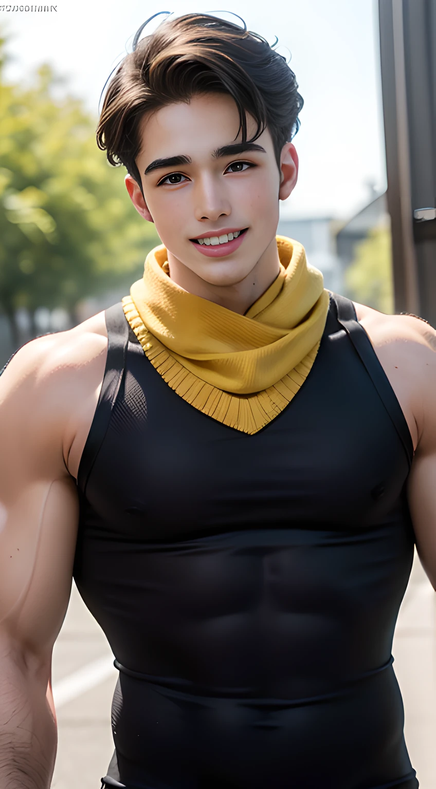 ((Men only)), (head shot), (look straight ahead), (having a yellow knit scarf wrapped around his neck), (tank top), ((Pietro Boselli)), (Handsome muscle man in his 30s), (big Smile), (The trees have turned red), (detaile: 1 in 1), Natural muscles, HIG quality, beautidful eyes, (Detailed face and eyes), (Face、: 1 / 2), Noise, Real Photographics、... ...................................................................................................................PSD, Sharp Focus, High resolution 8K, realisitic & Professional Photography, 8K UHD, Soft lighting, High quality, Film grain, FujifilmXT3