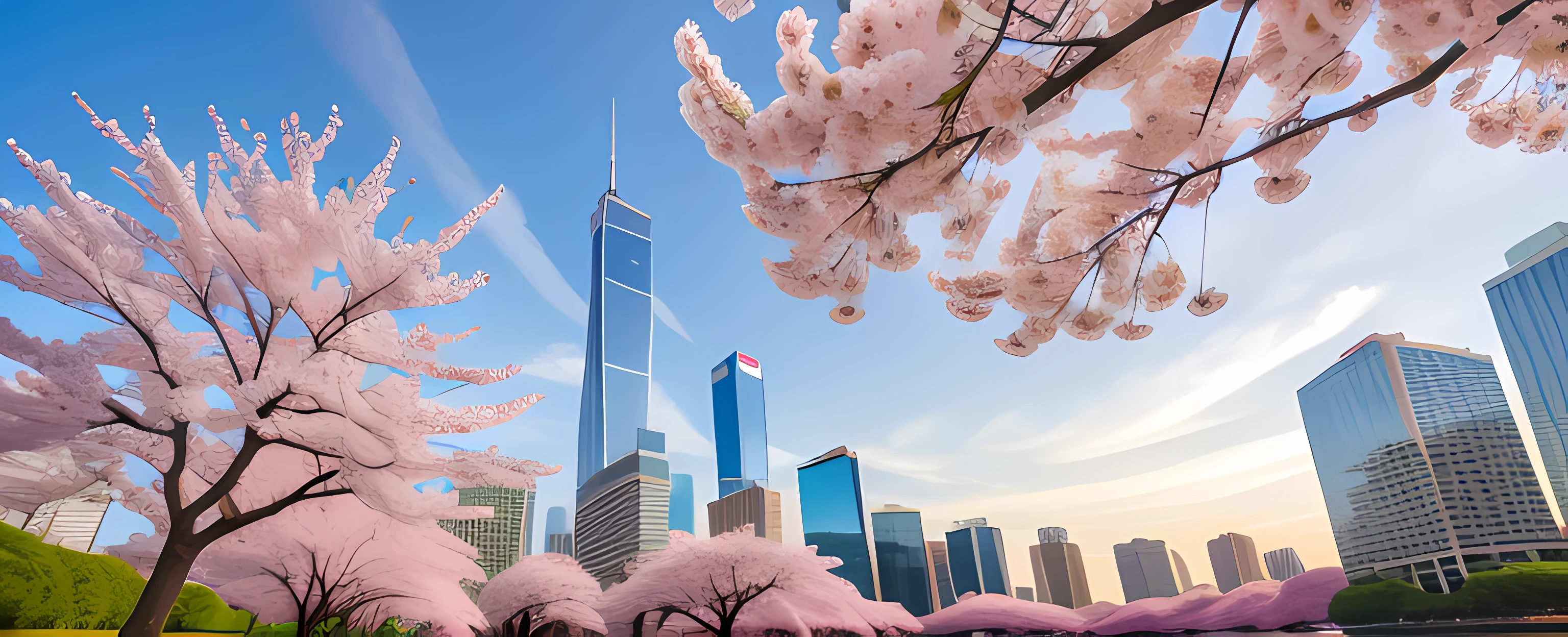 Scenery , Sakura Tree , Skyscrapers , Sakura Leaves Floating , Spring , Wind , Cloud , Sky , Evening, shooting stars in the sky